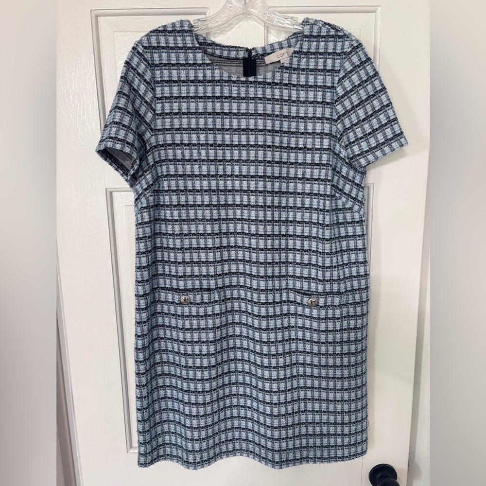 LOFT Blue and White Textured Tweed Plaid Dress